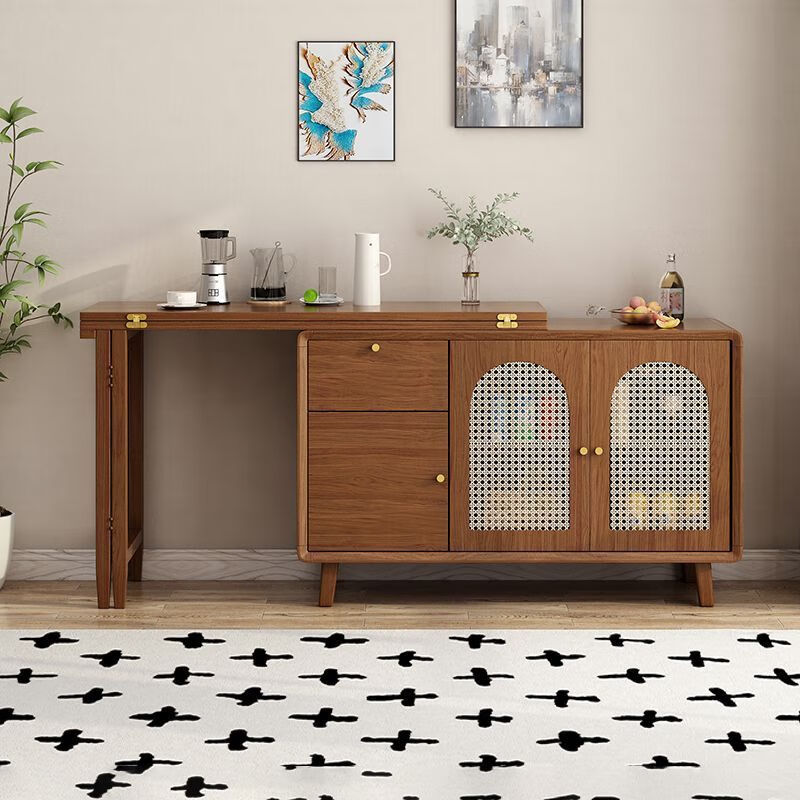 FANCYCHIC solid wood folding dining table and sideboard integrated island bar counter small apartment home wall storage cabinet retractable dining table OWEQ1035 walnut color. Single stool