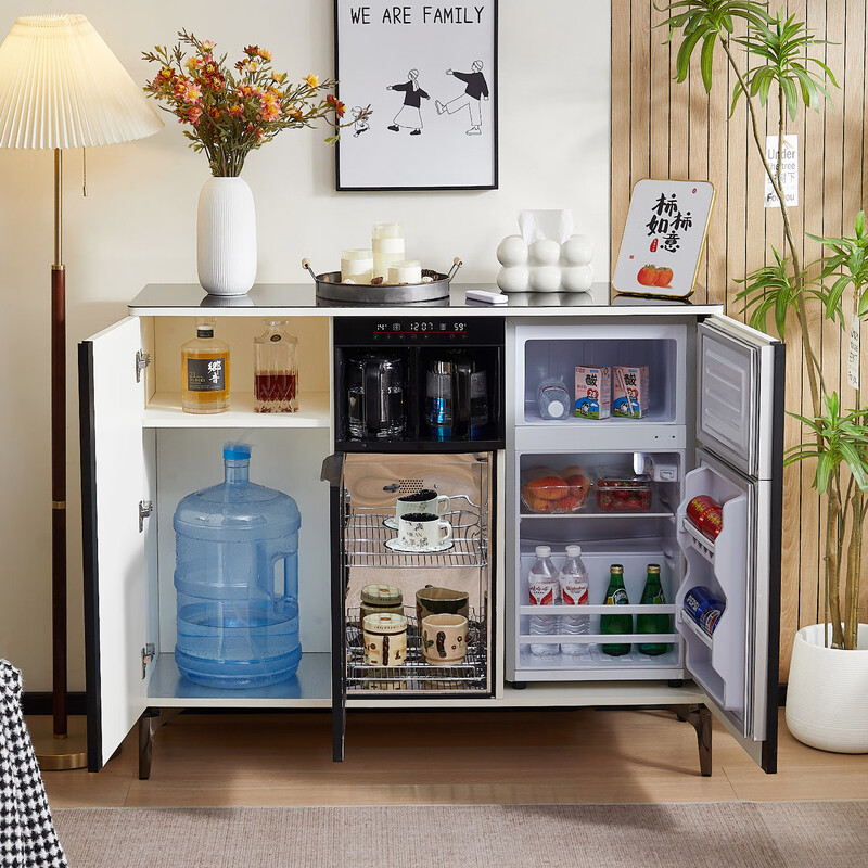 Smart tea bar machine with refrigerator integrated storage cabinet fully automatic sideboard water dispenser for living room and office with voice milk white hot and cold type three doors with refrigerator for disinfection 1170*400*970