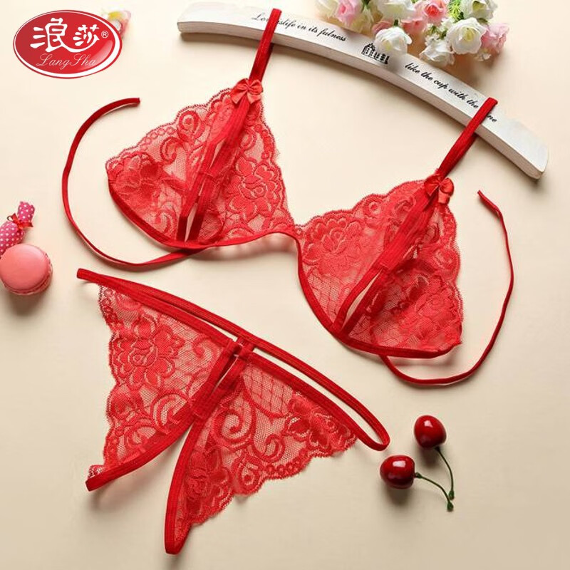 Langsha red three-point erotic underwear for female couples to stimulate pure desire without wires lace bra animal year bra set red L 70-99 pounds
