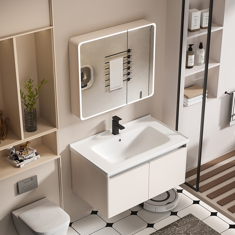 MUlisi thickened honeycomb aluminum bathroom cabinet combination intelligent integrated ceramic basin bathroom cabinet washstand bathroom washbasin cabinet 70*40 khaki + ceramic basin + mirror cabinet