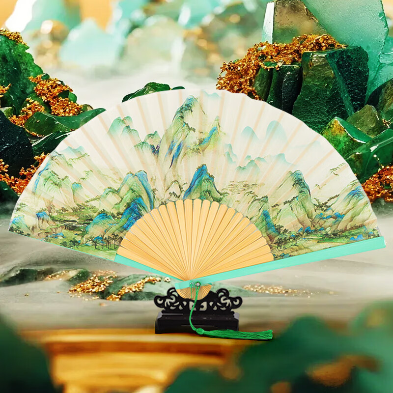 TaTanice folding fan, female fan 6.5 inches, Chinese style classical Hanfu photo props, green bamboo head, thousands of miles of mountains and rivers