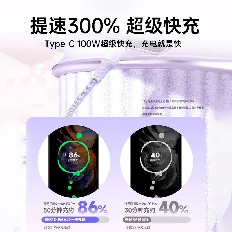 Port Emperor applicable data cable three-in-one charger cable liquid 100W fast charging three-head Apple Huawei vivo Android one-to-three Typec mobile phone iPhone multi-head multi-function vehicle purple 1.5 meters newly upgraded super fast charging C port 27 minutes to fully charge