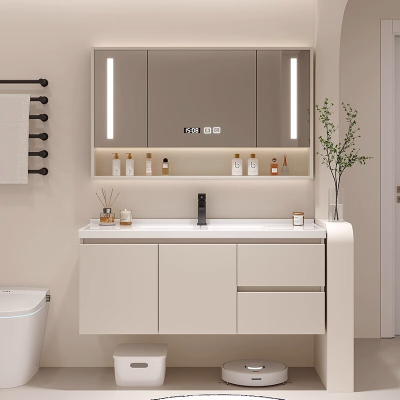 YILEYA cream style bathroom cabinet ceramic integrated basin bathroom washbasin cabinet combination bathroom smart washbasin 90CM light luxury gray smart glass door mirror cabinet