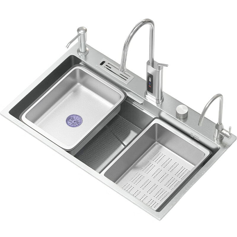 Customized 5MM embossed SUS304 stainless steel original color large single-slot household kitchen sink multi-functional under-counter dishwashing 68*46 upgraded 304 three-speed pull-out faucet