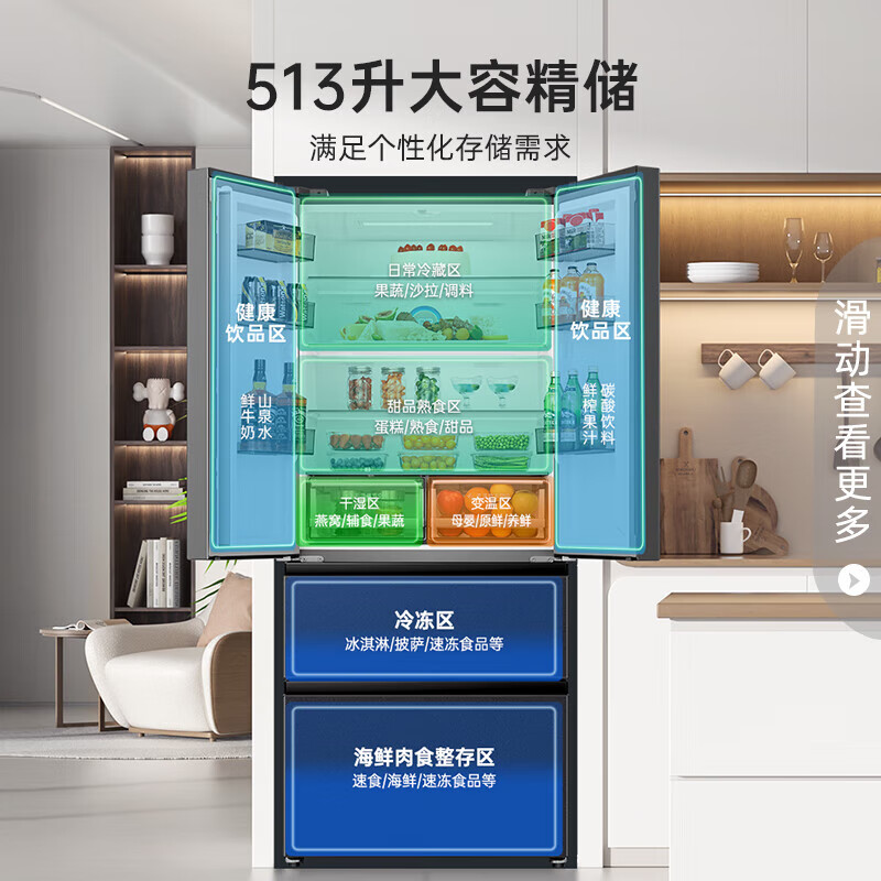 Rongsheng 513L French multi-door refrigerator pro model IDP active sterilization dual system dual cycle BCD-513WD18MP first-class energy efficiency air-cooled frost-free large capacity three-pack machine with slight defects