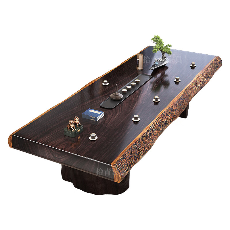 Shiqing purple ebony solid wood large board tea table and chair combination high-end office whole board tea table new Chinese style home tea table 2.4 meters + 1 auspicious chair + 6 surrounding chairs + tea cabinet