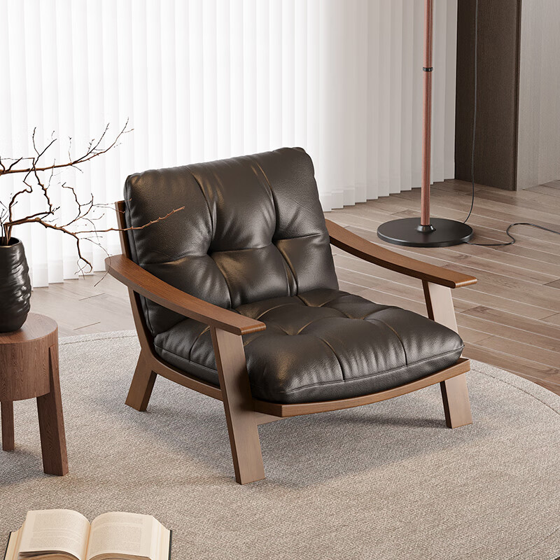 Small hibiscus mid-century style solid wood leisure chair retro Maillard leather single sofa chair living room balcony light luxury lazy sofa black