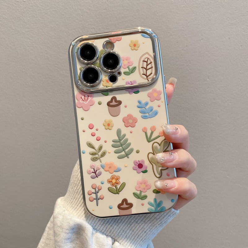 Vinien is suitable for Apple 16prom mobile phone case 15promax female new model 14pro summer high-end lens all-inclusive 13pm silicone small fresh 12 niche 17 anti-fall protective cover chestnut floral lens all-inclusive + delicate and skin-friendly iPhone 16 Pro Max