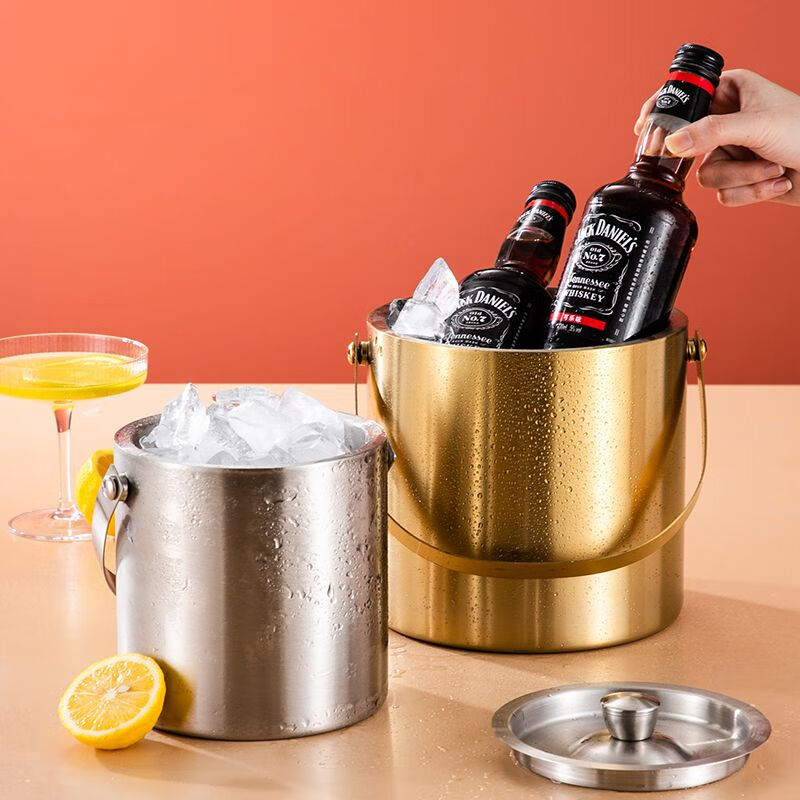 Magic Dou Shenghuo 304 stainless steel ice bucket double-layer thermal insulation and cold insulation high-value KTV champagne red wine beer ice grain ice bucket household silver 304 stainless steel double-layer ice bucket 2L delivery clip