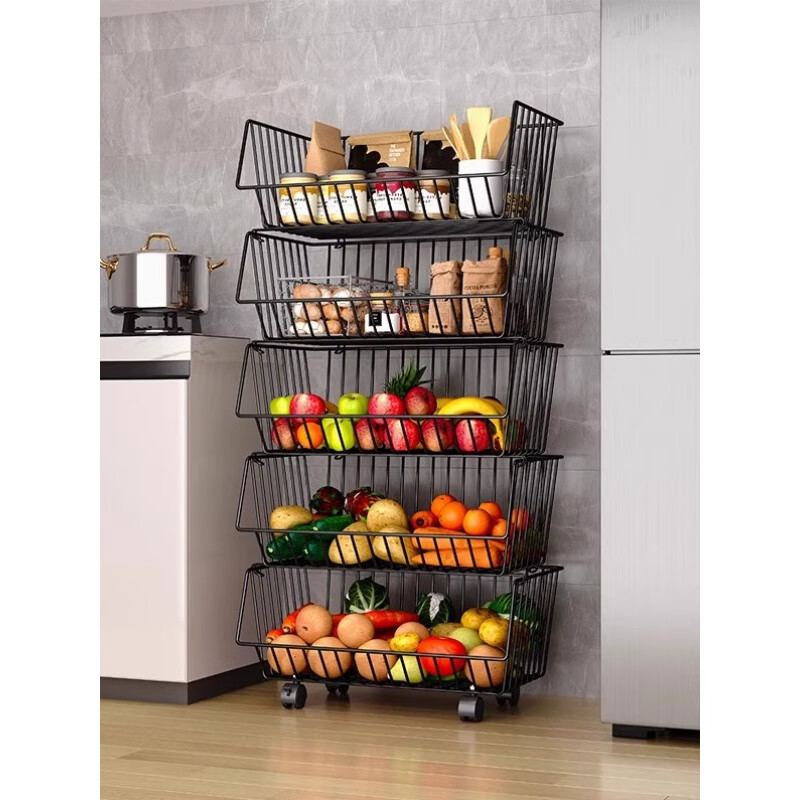 Fat Donglai's same style kitchen multi-functional floor-standing storage rack multi-layer storage rack snacks toys vegetable basket dishes vegetables high quality grilled black medium 30cm five layers + feet