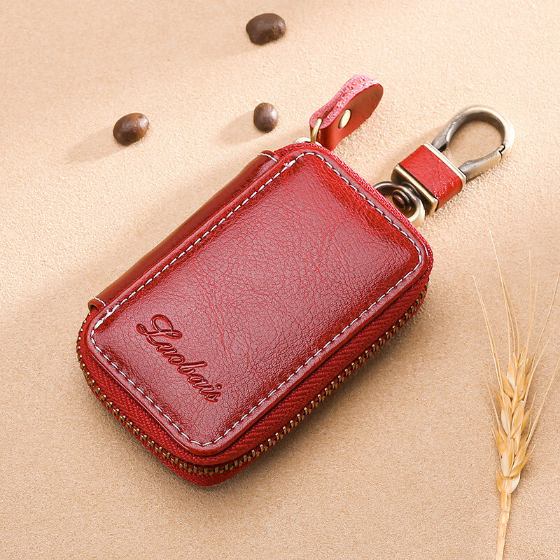 KUQIDAISHU Car Key Bag Men's Genuine Leather Zipper Key Bag Women's Multifunctional Card Holder Creative Wallet Large Retro Brown