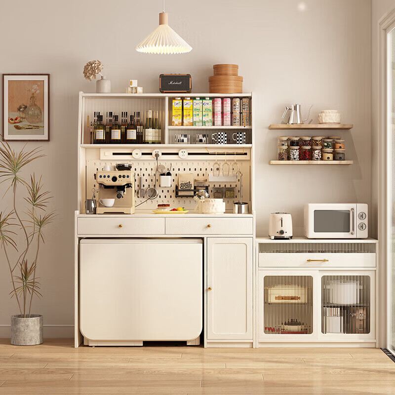 Isabel solid wood sideboard dining table integrated high cabinet against the wall cream style small apartment can be embedded in the household invisible folding dining table 1.7 meters dining table - built-in sideboard - invisible 0 area DIY hole board + high power anti-shock guide rail socket