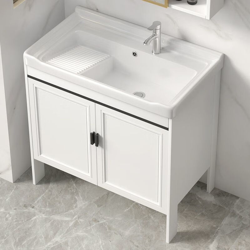 Jomoo's new space aluminum laundry cabinet balcony laundry sink ceramic washbasin with washboard floor-standing washbasin cabinet set ivory white 71*48 cabinet + basin + hardware + mirror cabinet