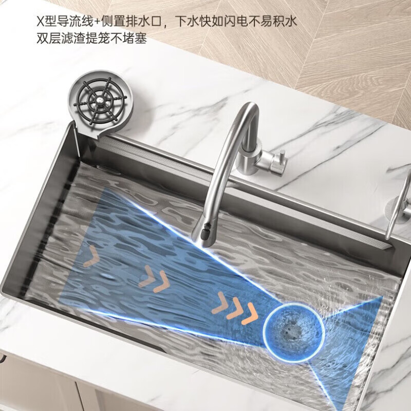 JMWU Xiaomi Grain Embossed Sink Large Single Slot SUS304 Stainless Steel Thickened Taichung Sink Home Kitchen Dish Basin 5.0 Thick Raindance Four-Speed Pullout + Desktop Control + Cup Washer Gun Gray 8045