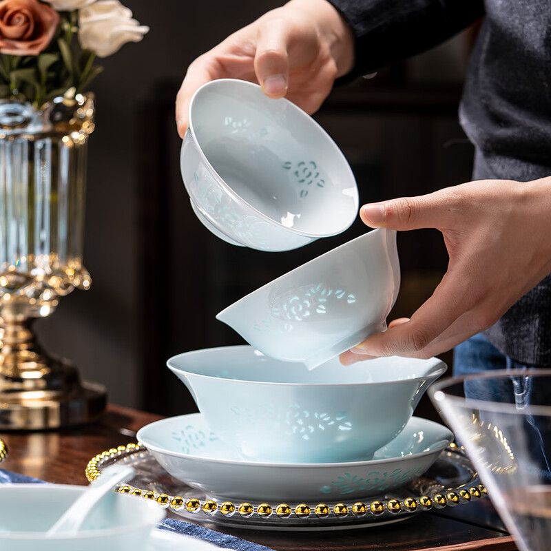 Rich Jade Ceramics Jingdezhen Celadon Exquisite Tableware Complete Set of Underglaze Colored Bowls and Plates Home Gift Set Celadon Jade Peony 16 Heads