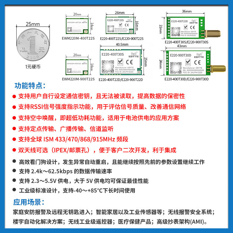 Ebyte lora module SX1262/1278 chip 433M wireless serial port data transmission communication long distance communication low power consumption LLCC68 E220-900T22D