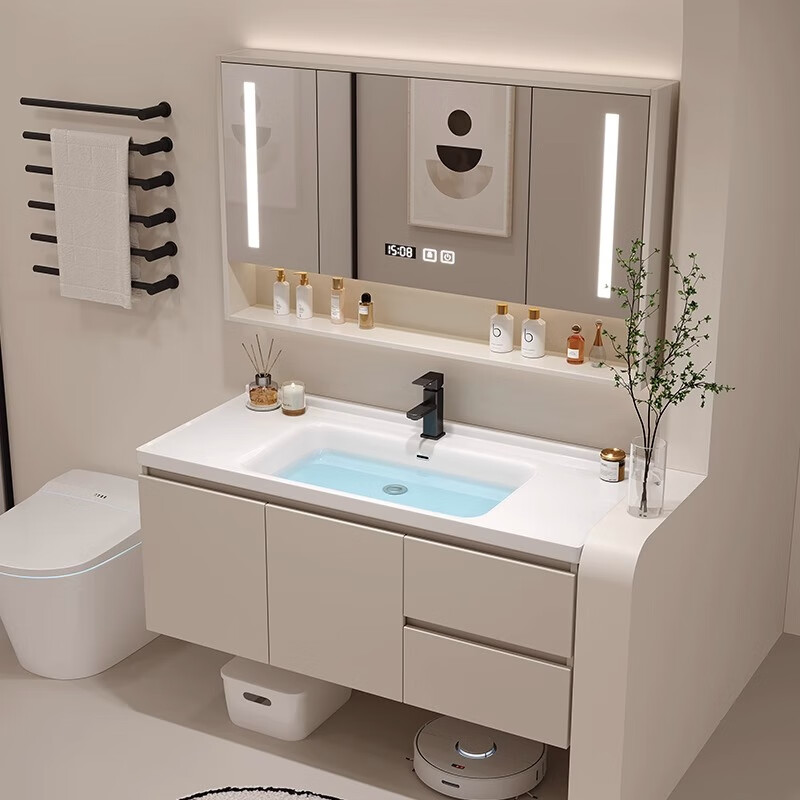 YILEYA cream style bathroom cabinet ceramic integrated basin bathroom washbasin cabinet combination bathroom smart washbasin 90CM light luxury gray smart glass door mirror cabinet
