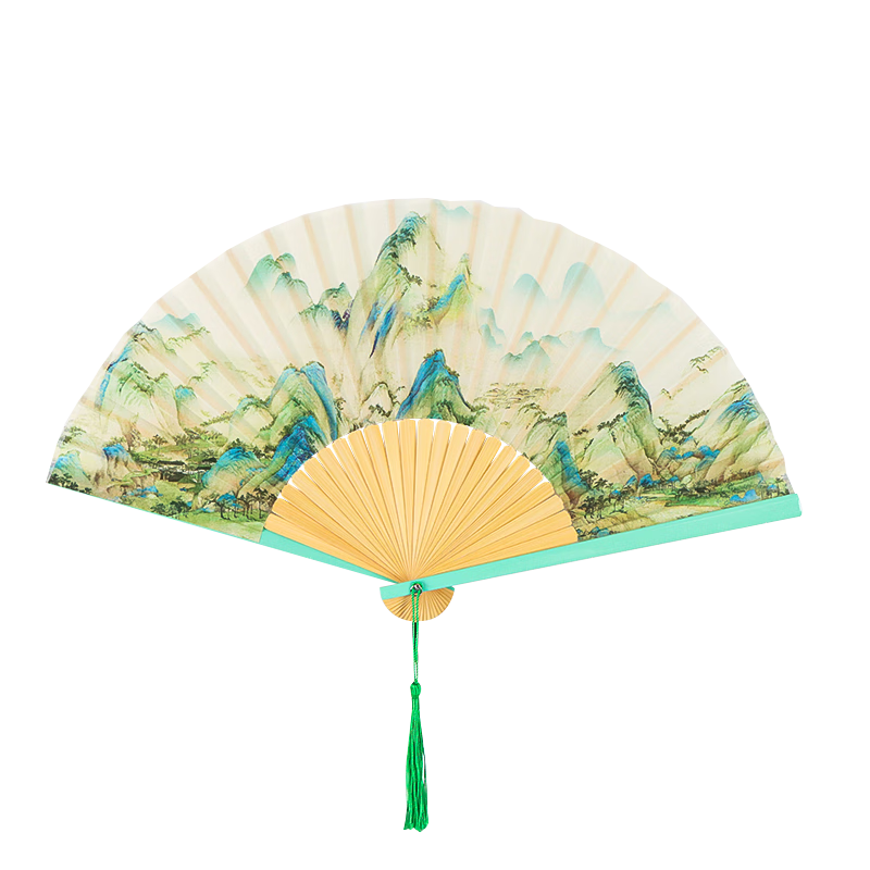 TaTanice folding fan, female fan 6.5 inches, Chinese style classical Hanfu photo props, green bamboo head, thousands of miles of mountains and rivers
