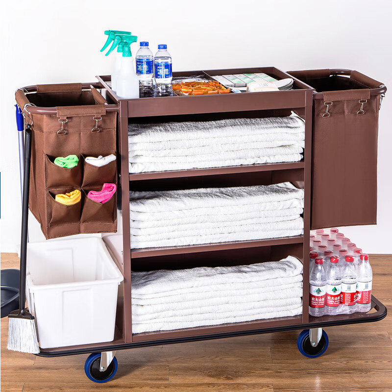 Hotel room multifunctional hand push linen cart cleaning work cart cleaning cart cloth bag guest room entrance hygiene service cart silent thickened conventional bilateral (carpet version