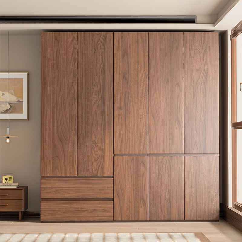 Shuangye solid wood wardrobe manufacturer direct sales walnut color modern simple bedroom home Nordic multi-layer board segment 2025 new 5-door solid wood multi-layer board wardrobe long 1.8*2.0 meters