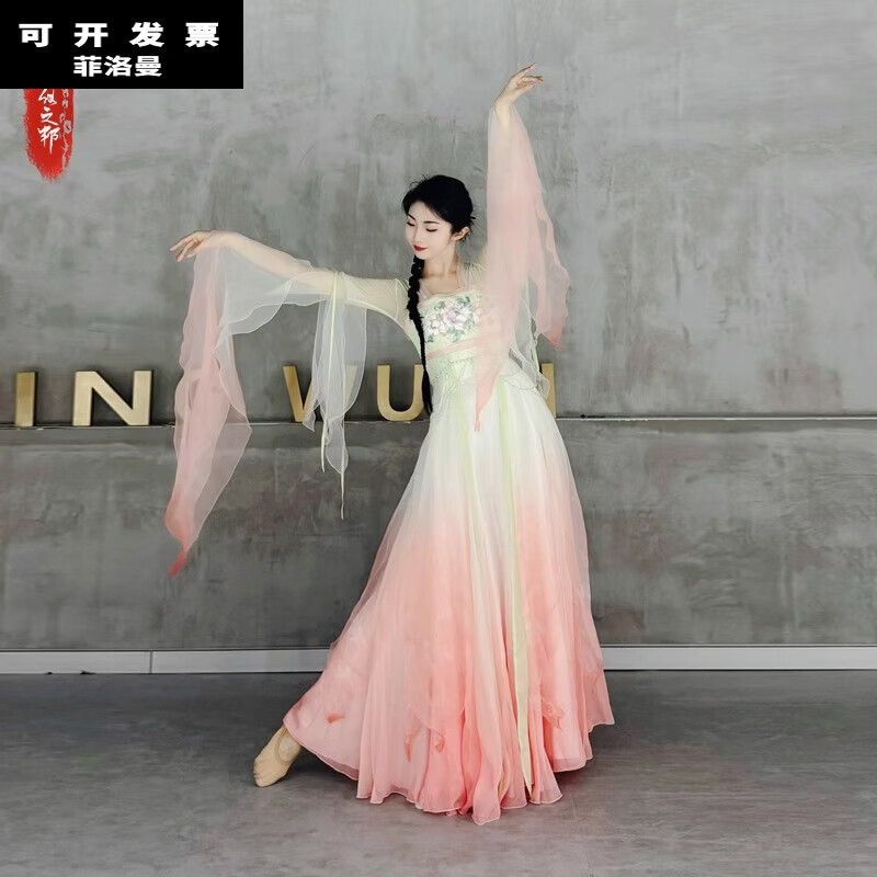 FEILUOMAN classical dance clothing elegant yarn new classical dance performance practice clothes for women Chinese style gradient dress super fairy pink and green gradient color does not include waist chain M adult size one size