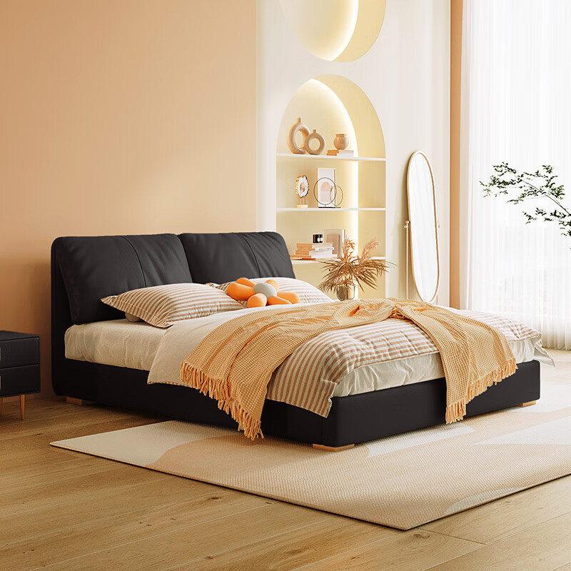 Winter Bear Elephant Ear Leather Bed, Relaxing, Simple and Modern Double Master Bedroom High Box Electric Storage Bed Soft Covered Wedding Bed First Layer Cowhide/Fully Solid Wood Beech Wood Framework 1500mm*2000mm Electric Sliding Storage