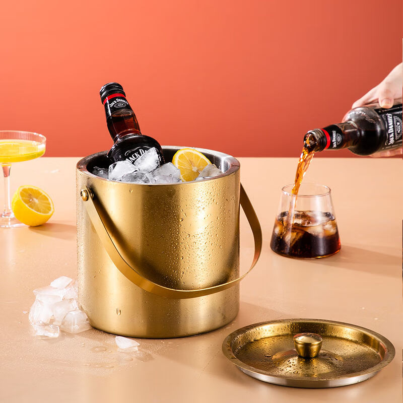 Magic Dou Shenghuo 304 stainless steel ice bucket double-layer thermal insulation and cold insulation high-value KTV champagne red wine beer ice grain ice bucket household silver 304 stainless steel double-layer ice bucket 2L delivery clip
