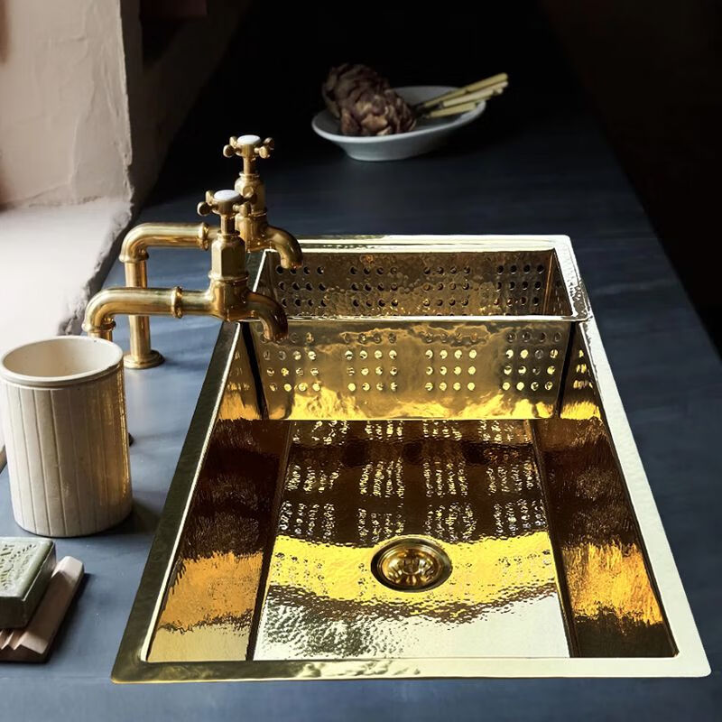 French retro kitchen large single sink embedded in the island water bar sink pure copper gold undercounter basin wash basin M style white copper undercounter basin 50*40*15cm