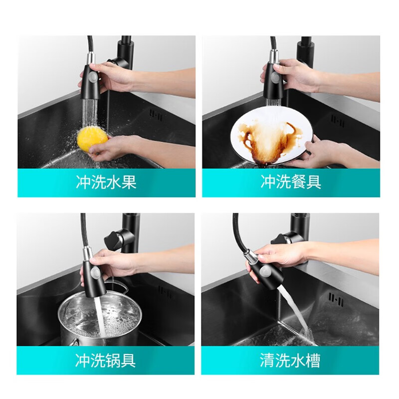 Joxod Black King Kong 304 thickened stainless steel handmade sink double slot nano antibacterial kitchen household dishwashing basin Black King Kong 80*45 double slot (304 pull-out faucet)