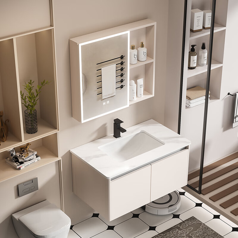 MUlisi thickened honeycomb aluminum bathroom cabinet combination intelligent integrated ceramic basin bathroom cabinet washstand bathroom washbasin cabinet 70*40 khaki + ceramic basin + mirror cabinet