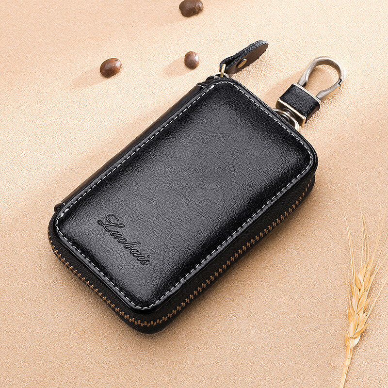 KUQIDAISHU Car Key Bag Men's Genuine Leather Zipper Key Bag Women's Multifunctional Card Holder Creative Wallet Large Retro Brown