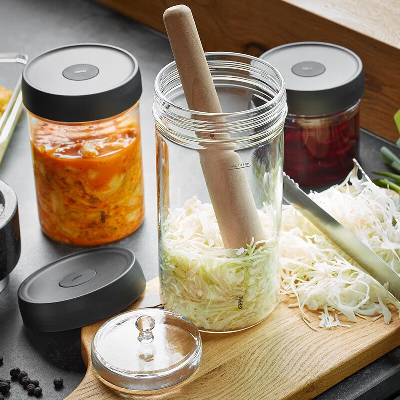 Likuai German imported kitchen pickle jar glass sealed container overnight pickle good stuff household shallow pickle jar pickle jar (with heavy stone) 1500ml