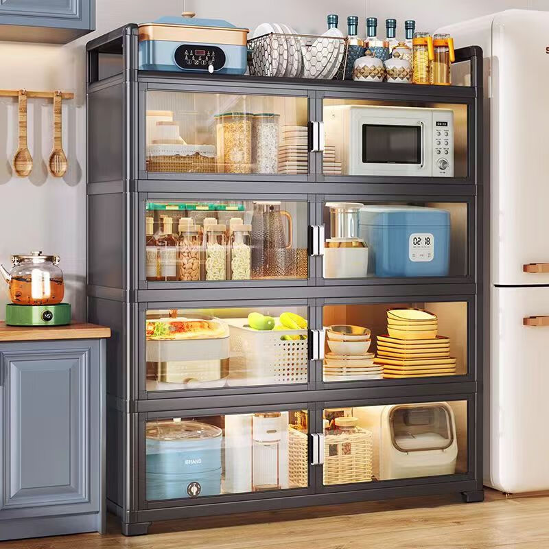 Wen Yijia cupboard storage cabinet multi-functional cabinet storage rack with door dustproof multi-layer dishware narrow cabinet storage cabinet sundry five layers 80*40*133 night black double door