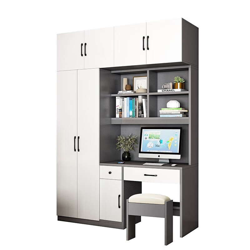 Langxiao wardrobe computer desk bookcase combination modern simple small apartment home bedroom wardrobe desk desk desk integrated white 1.2 single door wardrobe + desk with stool