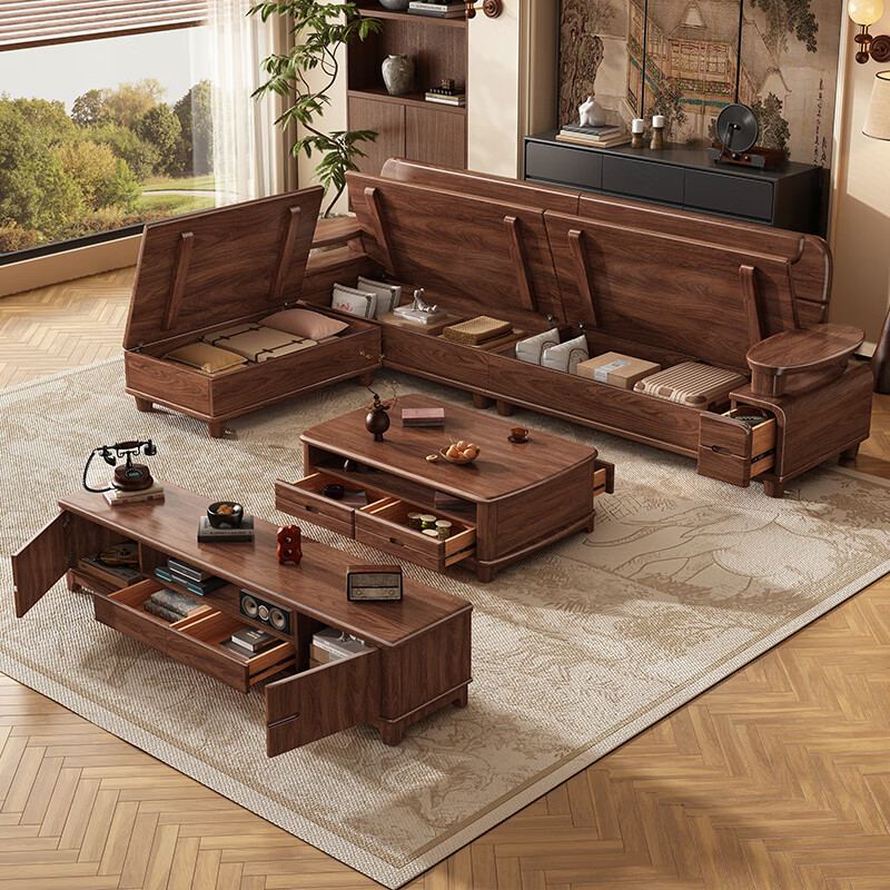 Yahua Xiangshe new Chinese style black walnut solid wood sofa modern simple living room small apartment winter and summer storage sofa 3.15 meters four-seater + imperial concubine couch + coffee table + TV cabinet assembly