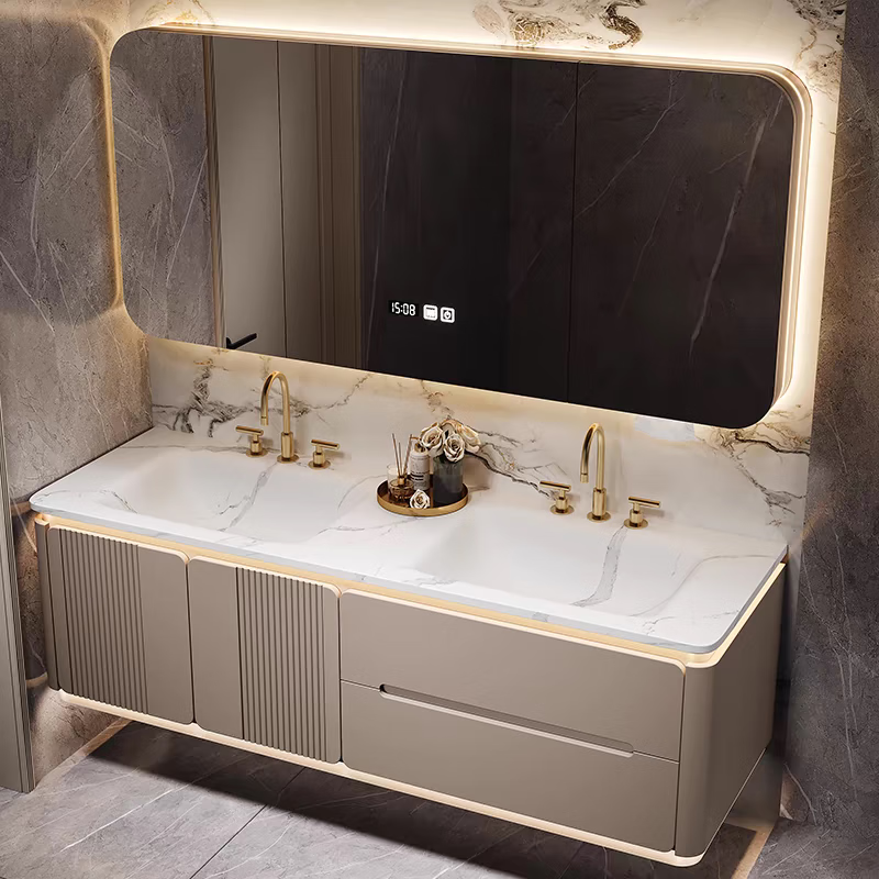 Royal Ceremony New Slate Hot Bending Integrated Double Basin Modern Bathroom Intelligent Hand Washing Table Integrated Bathroom Cabinet Combination Slate Hot Bending Integrated Basin + Intelligent Beauty Mirror Cabinet 1.7 Meter Double Basin