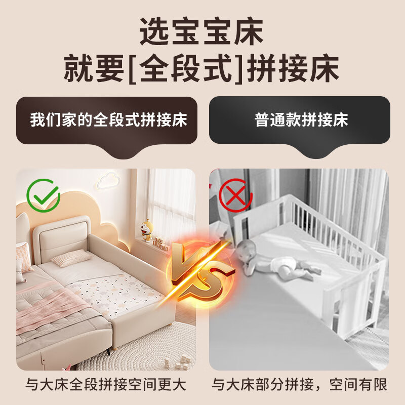 Shuhuida children's bedside widened spliced bed, adults can sleep in solid wood soft package with guardrail princess crib for men and women baby bed, two-sided guardrail cream gray + free baby grade mattress, outer diameter 200*60cm