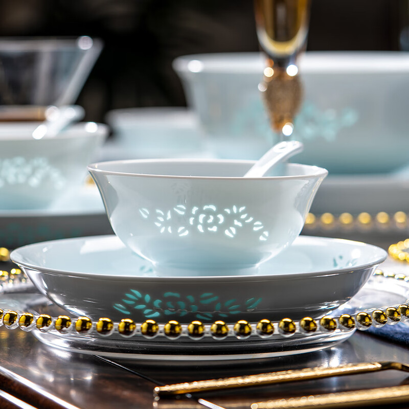 Rich Jade Ceramics Jingdezhen Celadon Exquisite Tableware Complete Set of Underglaze Colored Bowls and Plates Home Gift Set Celadon Jade Peony 16 Heads