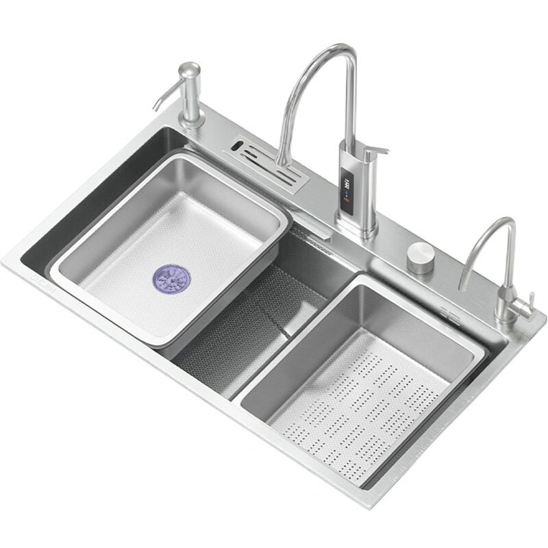 TOTO5MM embossed SUS304 stainless steel primary color large single-slot household kitchen sink multi-functional under-counter dishwashing basin 75*46 luxury (four-speed rain shower)