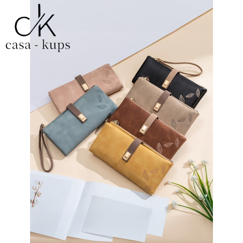 Casa-kupsCK women's long wallet 2025 Chinese Valentine's Day Korean version frosted leaf buckle zipper women's handbag yellow