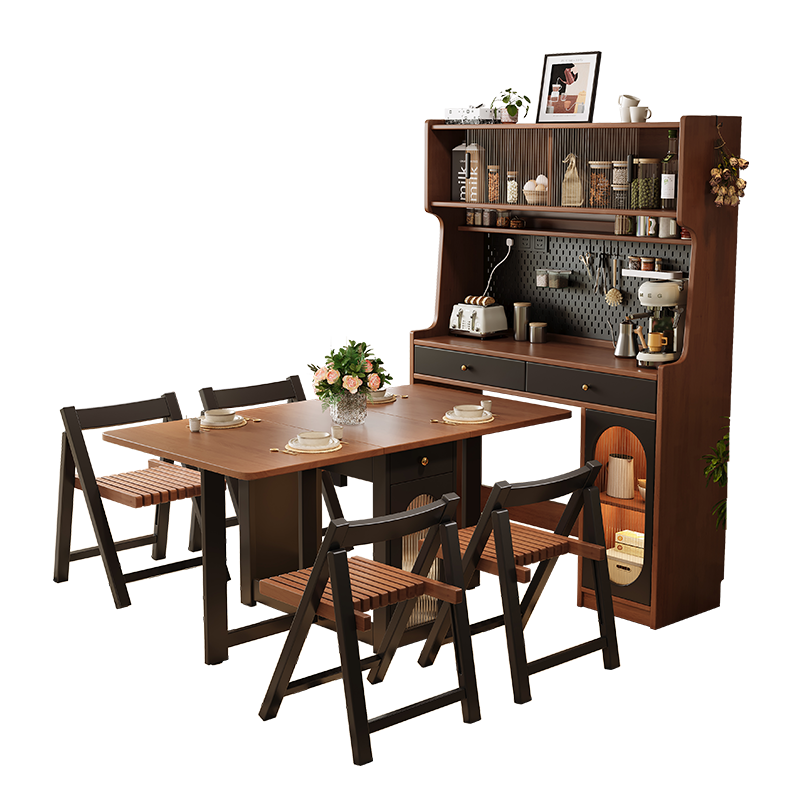 Senneng antique-style solid wood sideboard and dining table integrated for small apartments, foldable telescopic storage cabinet, wine cabinet, wall-mounted sideboard, 1.2m sideboard + 1.7m dining table + dining chairs*4