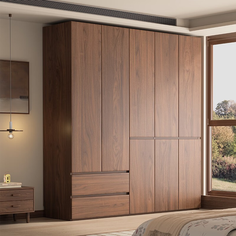 Shuangye solid wood wardrobe manufacturer direct sales walnut color modern simple bedroom home Nordic multi-layer board segment 2025 new 5-door solid wood multi-layer board wardrobe long 1.8*2.0 meters