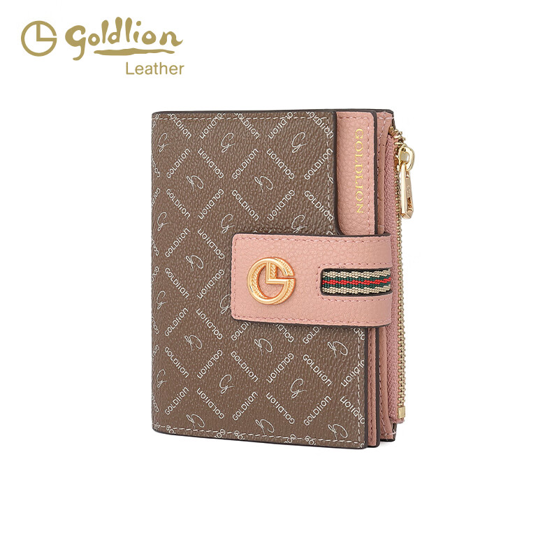 GOLDLION G+ Goldlion Retro Print Wallet Women's Mini Folding Coin Purse Short Multi-Function Multi-Card Slot Wallet Card Bag Women Pink (Hardware Upgrade)