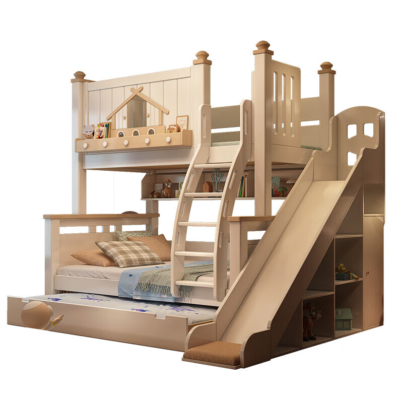 Fenlis all solid wood bed and bunk bed, children's bed, high and low beds do not interfere with each other, double bed and double bed with high guardrails, high and low bed + bookshelf + double drawers + ladder cabinet, bottom bunk 1.5*1.9 meters, upper bunk 1.2*1.9 meters