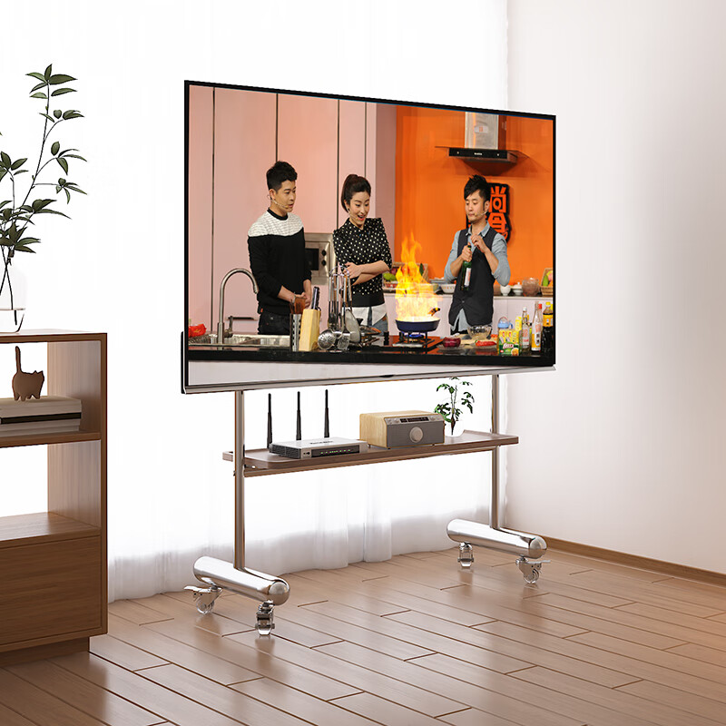 Medieval style TV stand floor-standing movable with wheels living room bedroom simple hanging rack 32-70 inches for home use H double layer stainless steel + perforated plate/crystal wheel