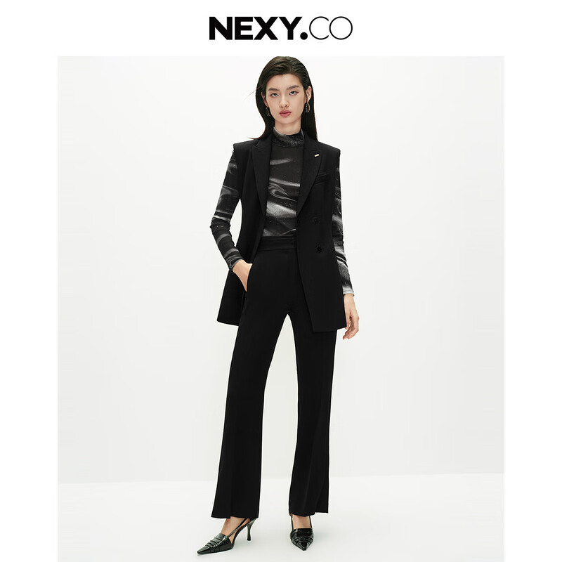 NEXY.CO/NEXY 2025 new autumn style temperament stand-up collar slim carved printed two-wear pullover long-sleeved top for women black L
