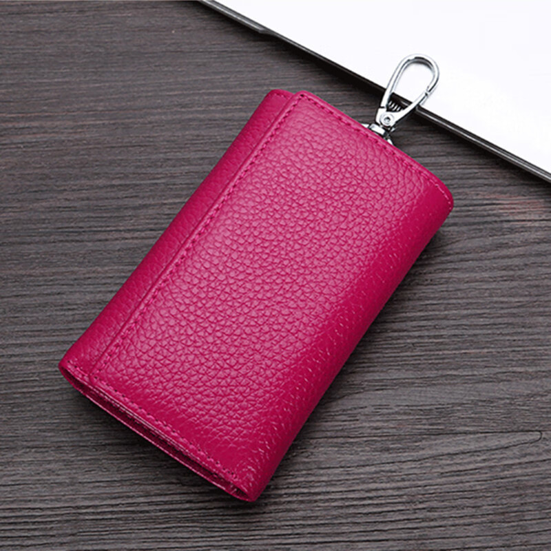 GOYN home key bag for women, multi-functional tri-fold wallet, first-layer cowhide waist hanging, practical key bag with card slot, coin purse, rose red
