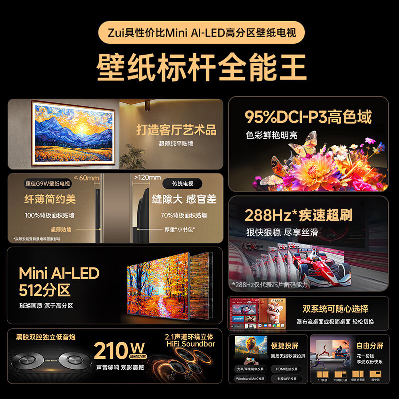 Konka Wallpaper TV 75G9W 75-inch TV MiniLED Ultra-thin Smart Tablet 512 Partition 288Hz High Brush DeepSeek Home Appliances National Subsidy
