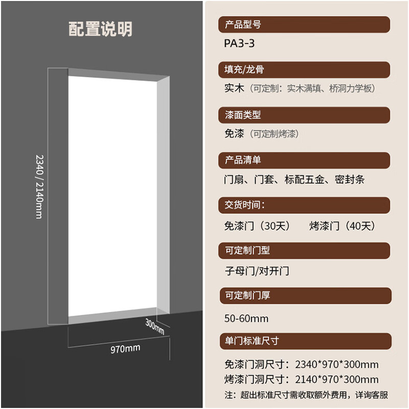 Panpan bedroom door solid wood composite door wooden door bedroom door paint-free wooden door room wooden door indoor wooden door room door PA3-3 paint-free PV1-3+solid wood filling+hardware JD-1