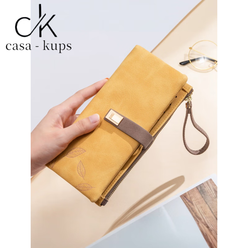 Casa-kupsCK women's long wallet 2025 Chinese Valentine's Day Korean version frosted leaf buckle zipper women's handbag yellow